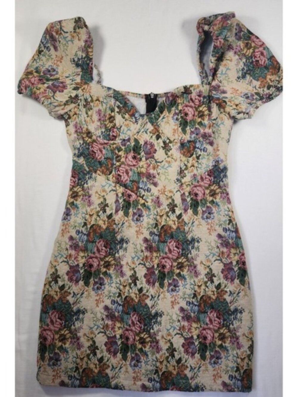 Urbanic Floral Tapestry Mini Dress Puff Sleeve Sweetheart Neck Cottagecore Small